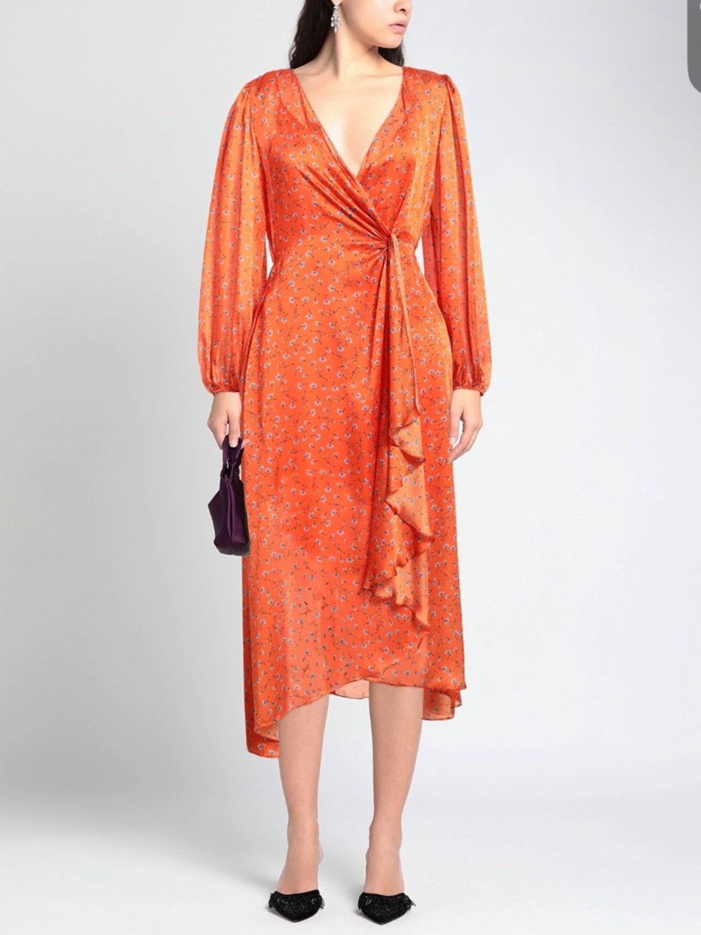 MAJE Orange Floral Long Sleeve Midi Dress NWT